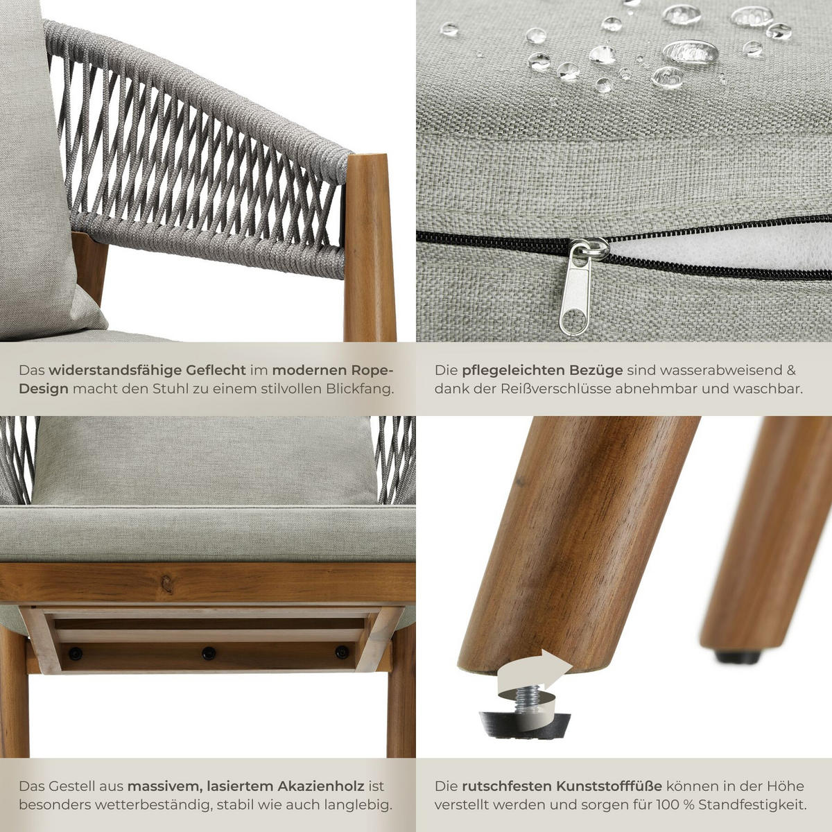 GARTENSTUHL Manacor, höhenverstellbare Kunststofffüße, greige - Greige/Braun, Holz (59/76.5/58cm) - tectake