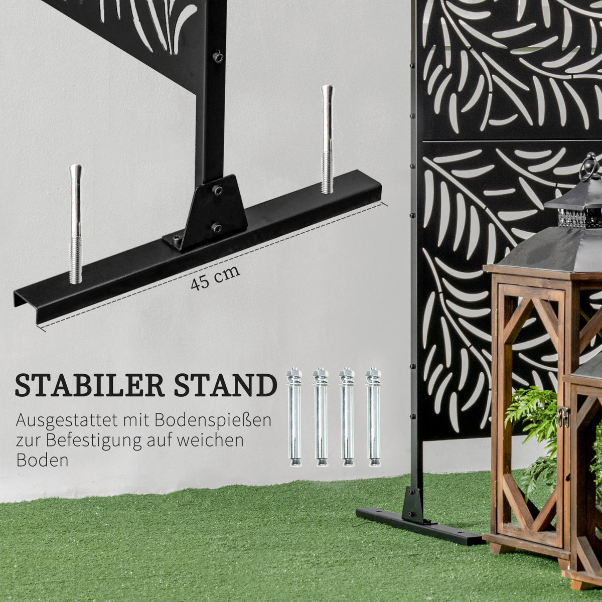 SICHTSCHUTZZAUN 122/45/198 cm schwarz aus Stahl mit Standfüßen - Schwarz, Metall (45/198cm) - OKWISH