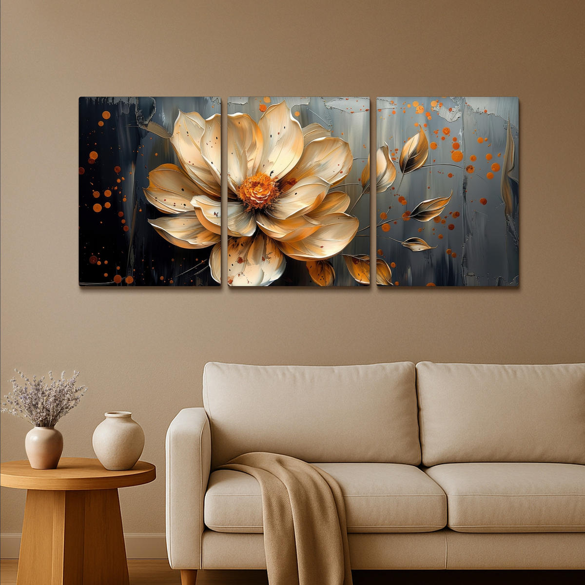LEINWANDBILD 3er Set Blume - Gold - Abstrakt - Farbe 180x80 cm - Creme, Textil (180/80cm) - MuchoWow
