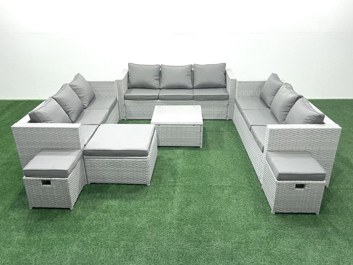 GARTENMÖBELSET mit 3-SITZER SOFA,COUCHTISCH Polyrattan Hellgrau-Mix 12-Sitzer - Hellgrau/Grau, Glas/Kunststoff - Fimous