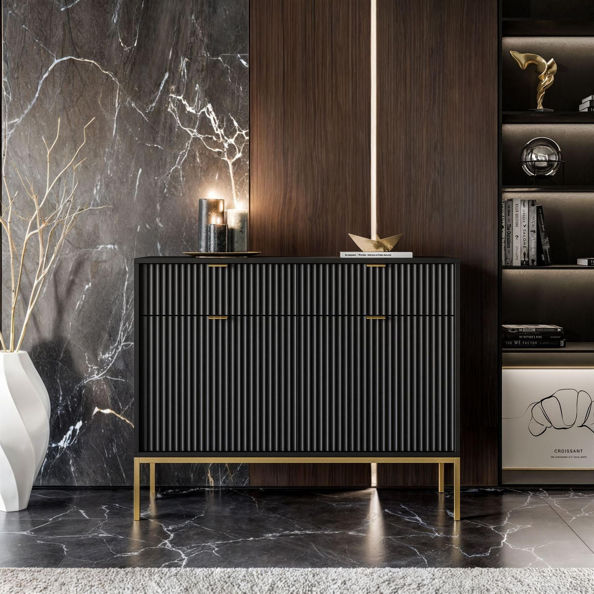 KOMMODE CORTADO GOLD KSZ104 MIT SCHUBLADEN SCHWARZ - Schwarz, Holzwerkstoff (104/83/39cm) - Lookway