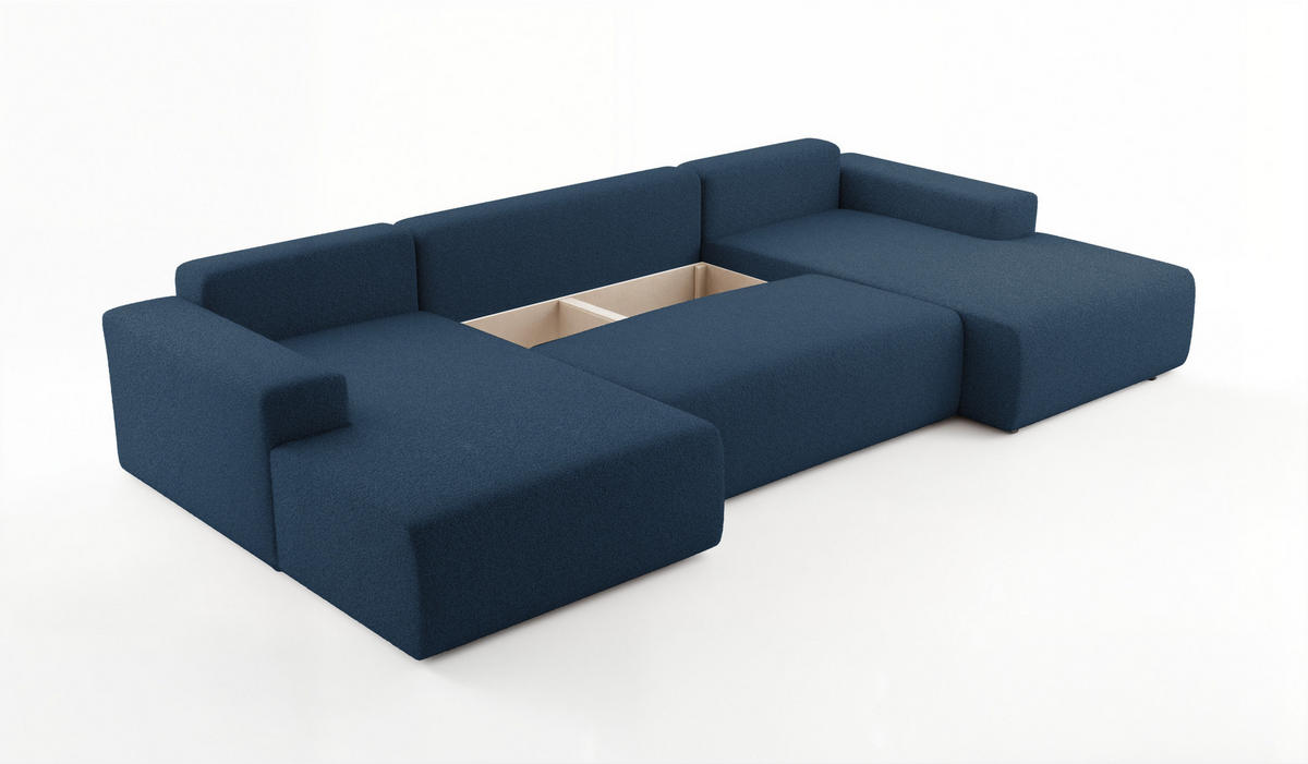 WOHNLANDSCHAFT PULA-U BOUCLE mit Schlaffunktion & Stauraum Blau - Blau, Textil (364/84/187cm) - Luxkor24