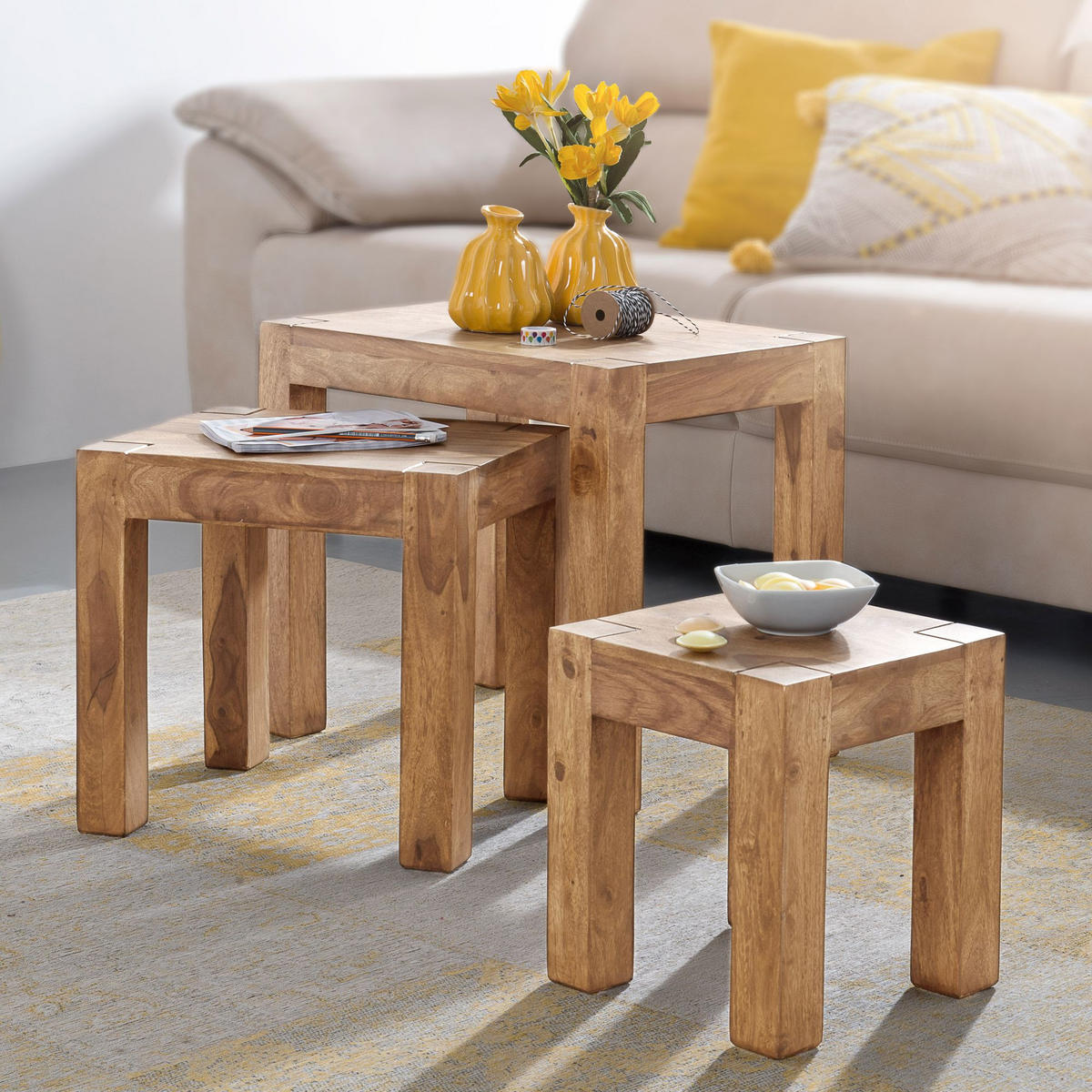 BEISTELLTISCH 3er Set Massivholz Platzsparend Landhausstil NAKO, Beige 50x36x45 cm - Beige, Holz (36/50/45cm) - KADIMA DESIGN