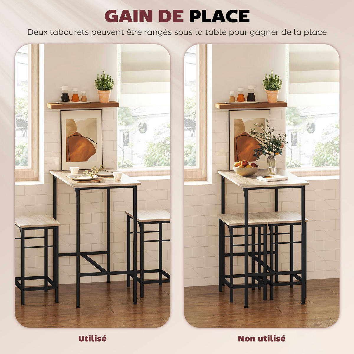 BARTISCH-SET DE-14762 mit 2 Hockern & Holzoptik Natur/Schwarz - Naturfarben, Holzwerkstoff (80/50/87cm) - ComfortXL