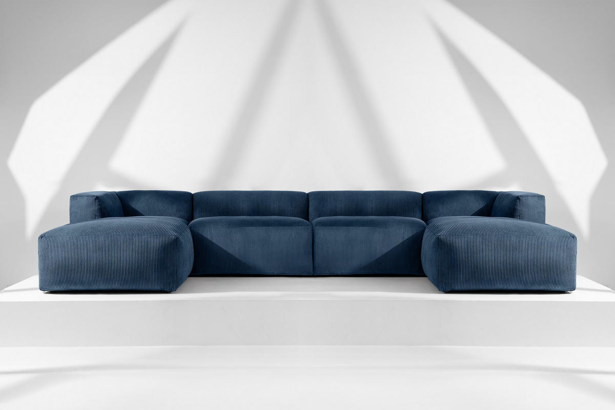 PANORAMA-ECKSOFA BUFFO 7/8 Sitzer mit extrem weicher Sitzfläche, Kordstoff, marineblau - Blau/Grün, Textil (424/73/180cm) - KONSIMO®