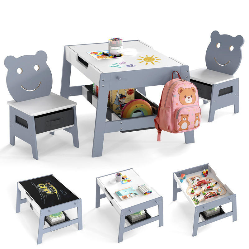 KINDERTISCH mit stuhl grau(3-tlg) - Grau, Holzwerkstoff (70/45/60.5cm) - COSTWAY