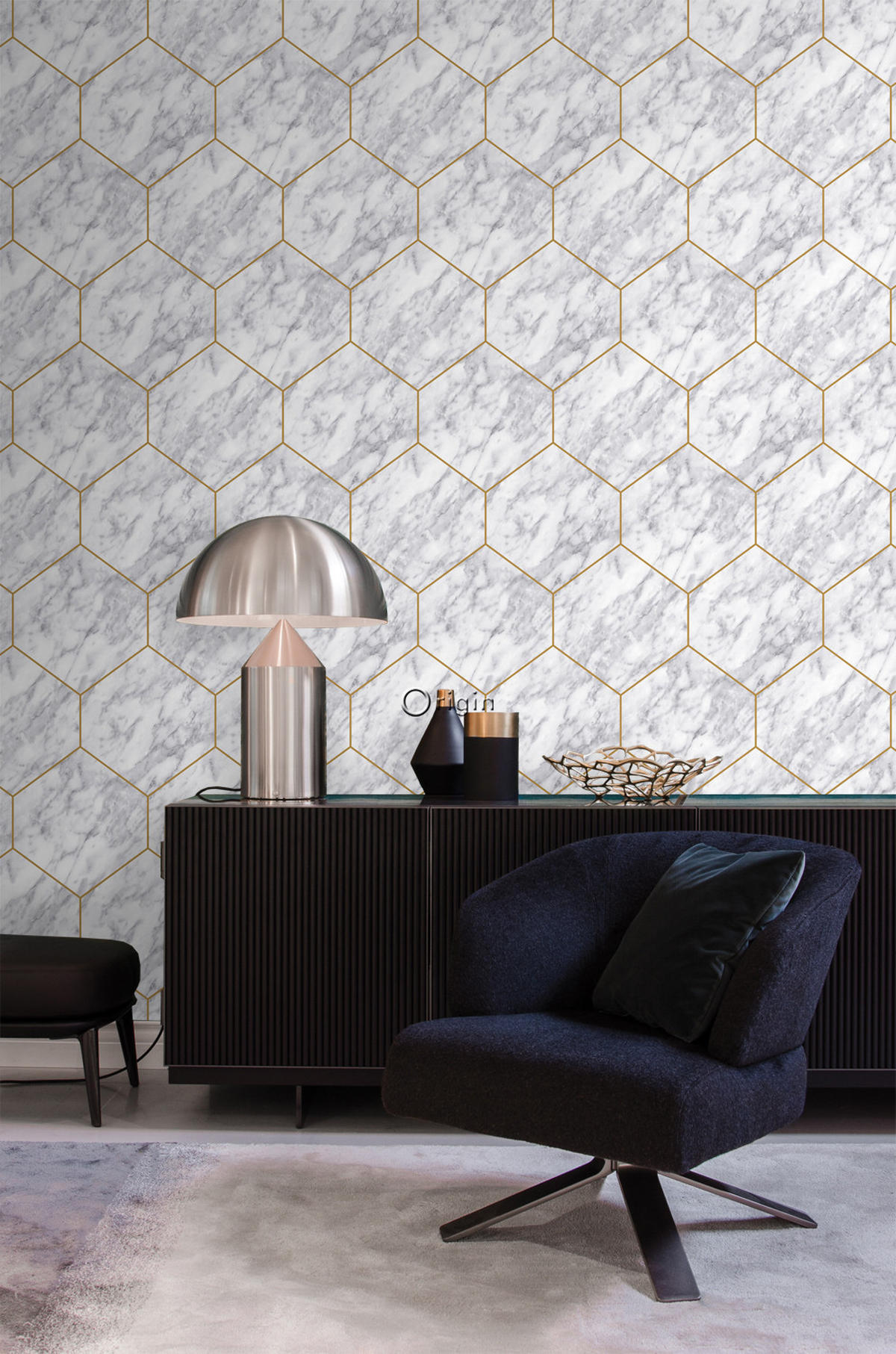 TAPETE Wabenmuster mit Marmoreffekt 50 x 900 cm - Weiß, Papier (50/900cm) - Origin Wallcoverings