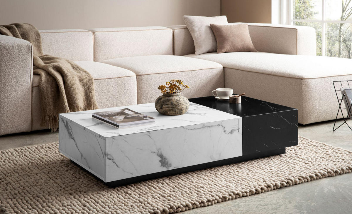 COUCHTISCH Weiß Schwarz Marmor-Optik 120x60x28 cm mit Schubladen und Stauraum - Schwarz/Weiß, Holzwerkstoff (60/120/28cm) - KADIMA DESIGN