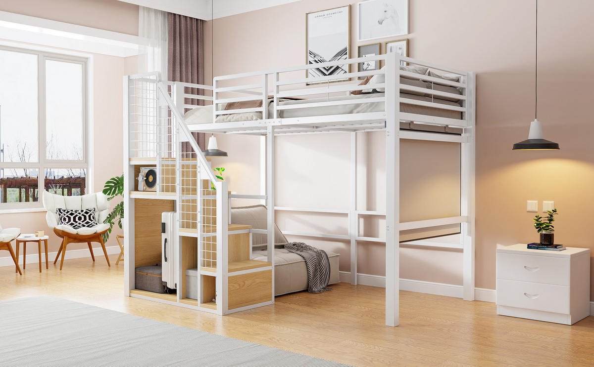 HOCHBETT 90x200 cm Metall Leiter Ablage weiß - Weiß, Metall (90/200cm) - LEBENLANG