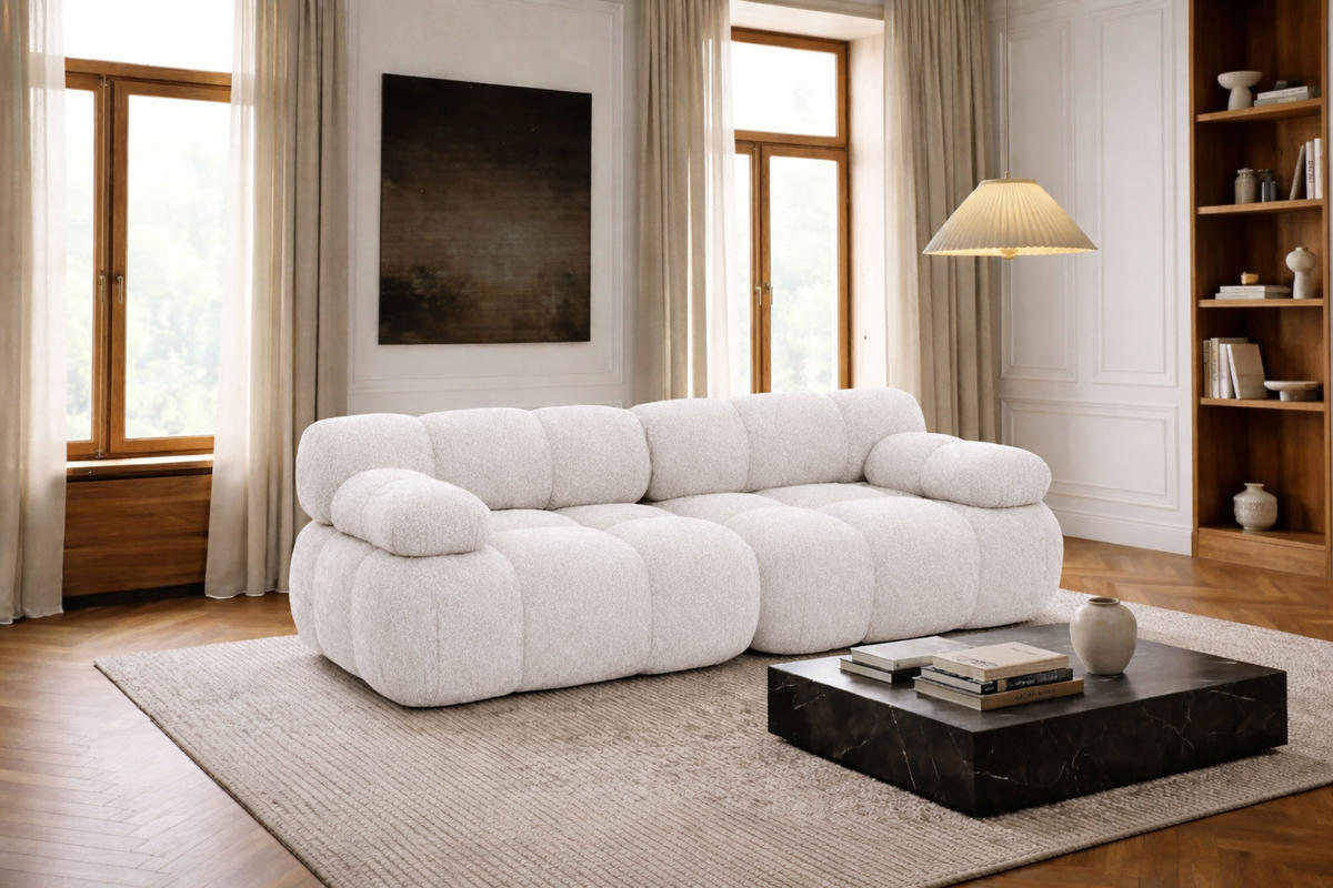COUCH, 2-Sitzer Modular, Bouclé-Stoff Abriamo, Ecru, Selia - Ecru, Holz (190/70/95cm) - Kaiser Möbel