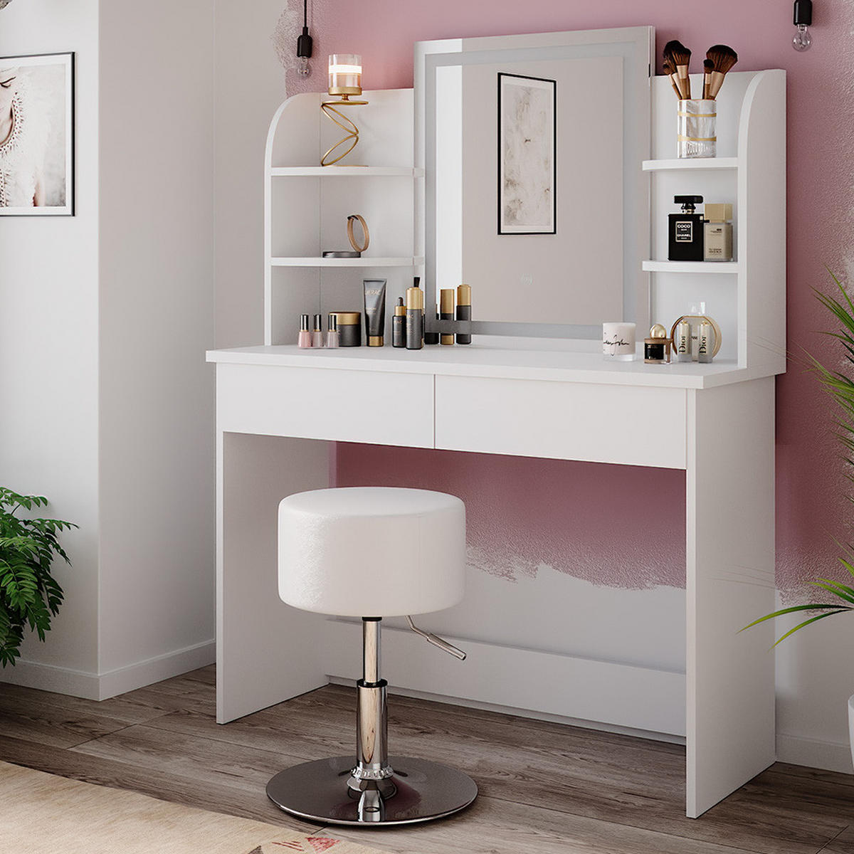 SCHMINKTISCH Charlotte Weiß 106 cm mit LED-Spiegel und Hocker - Weiß, Holzwerkstoff (106/142/40cm) - Vicco