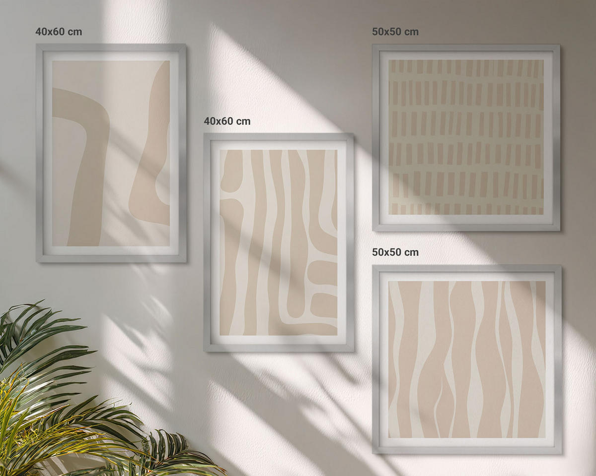 BILDER SET 4er Set - 50x50 cm & 40x60 cm Silberner Rahmen - Abstrakte Boho-Musterformen - Silberfarben, Kunststoff (50/50cm) - TULUP