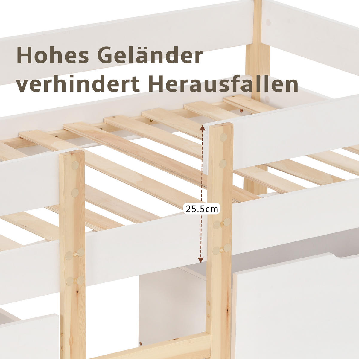 HOCHBETT 90/200 cm in Weiß Kinderbett mit 2 Schubladen und Rausfallschutz - Weiß/Naturfarben, Holzwerkstoff (90/200cm) - STILVORA