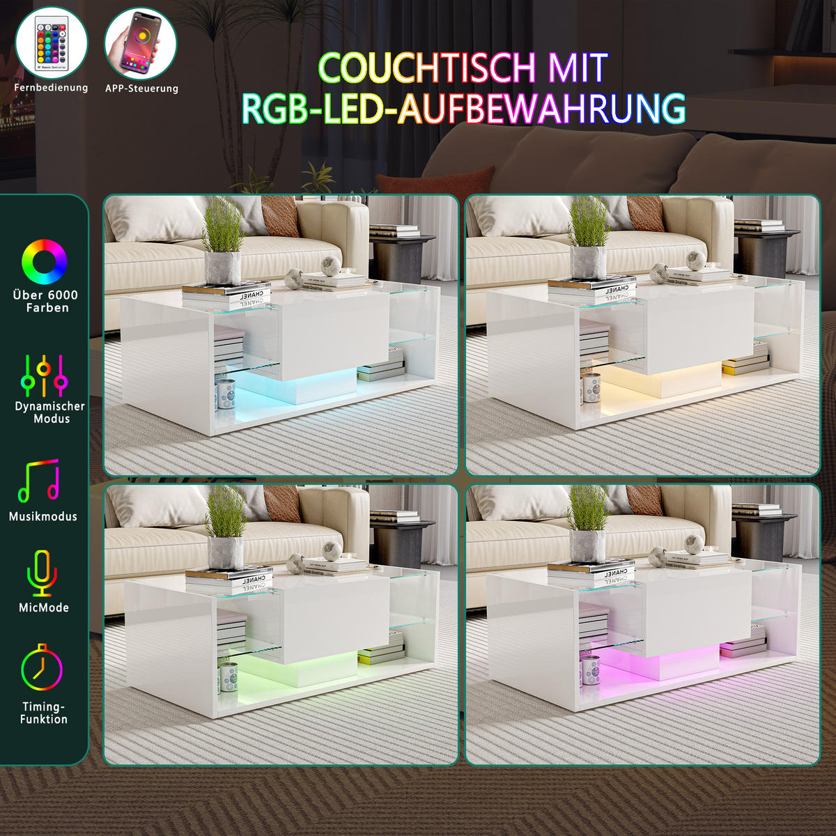 COUCHTISCH mit LED, Hochglanz Wohnzimmertisch, Weiß 100x50x35 cm - Weiß, Holz (50/100/35cm)