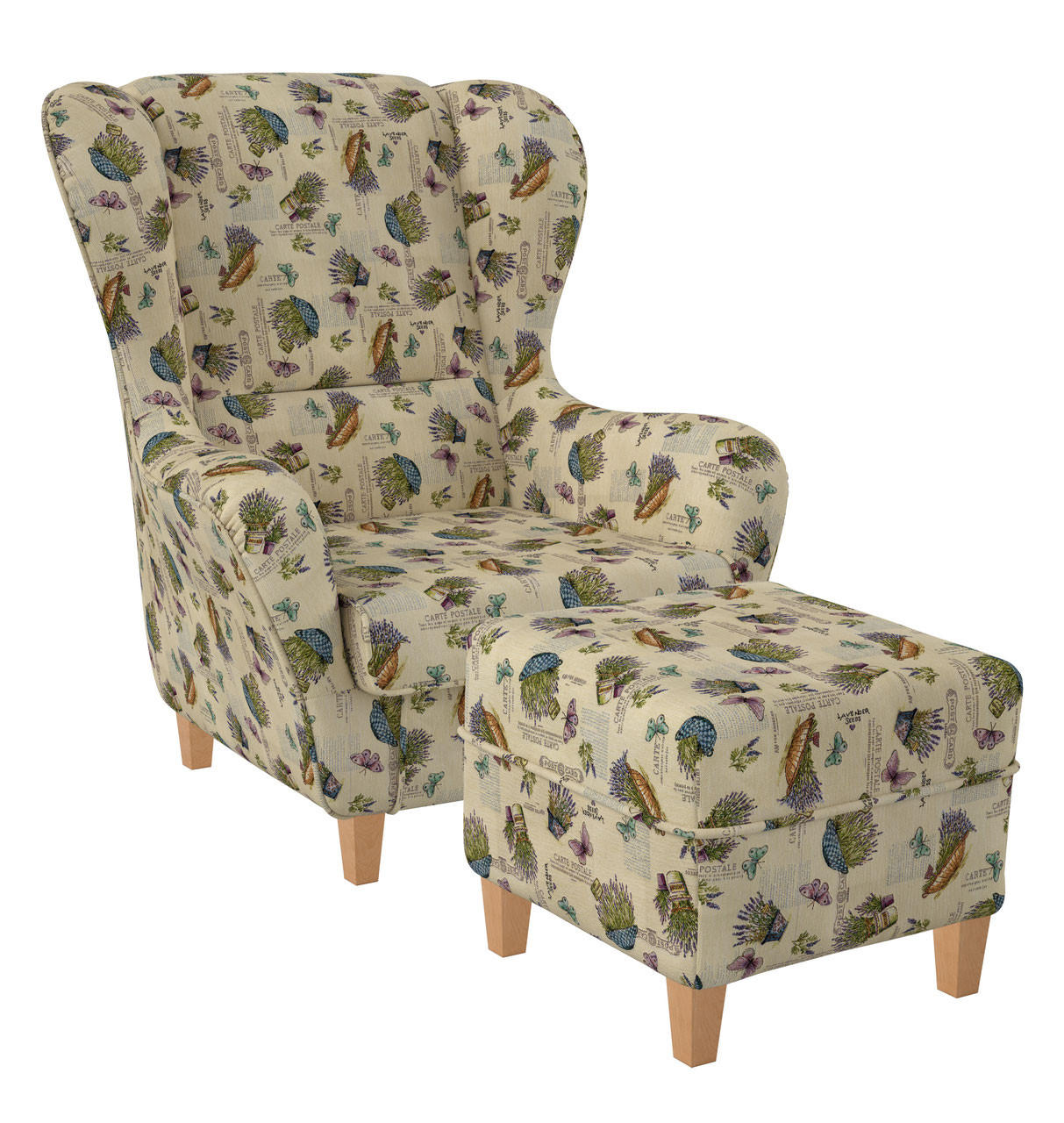 OHRENSESSEL Sofia Relaxsessel mit Hocker | Design Provence Lavendel - Beige/Dunkelgelb, Textil (92/68/95cm) - Supellex