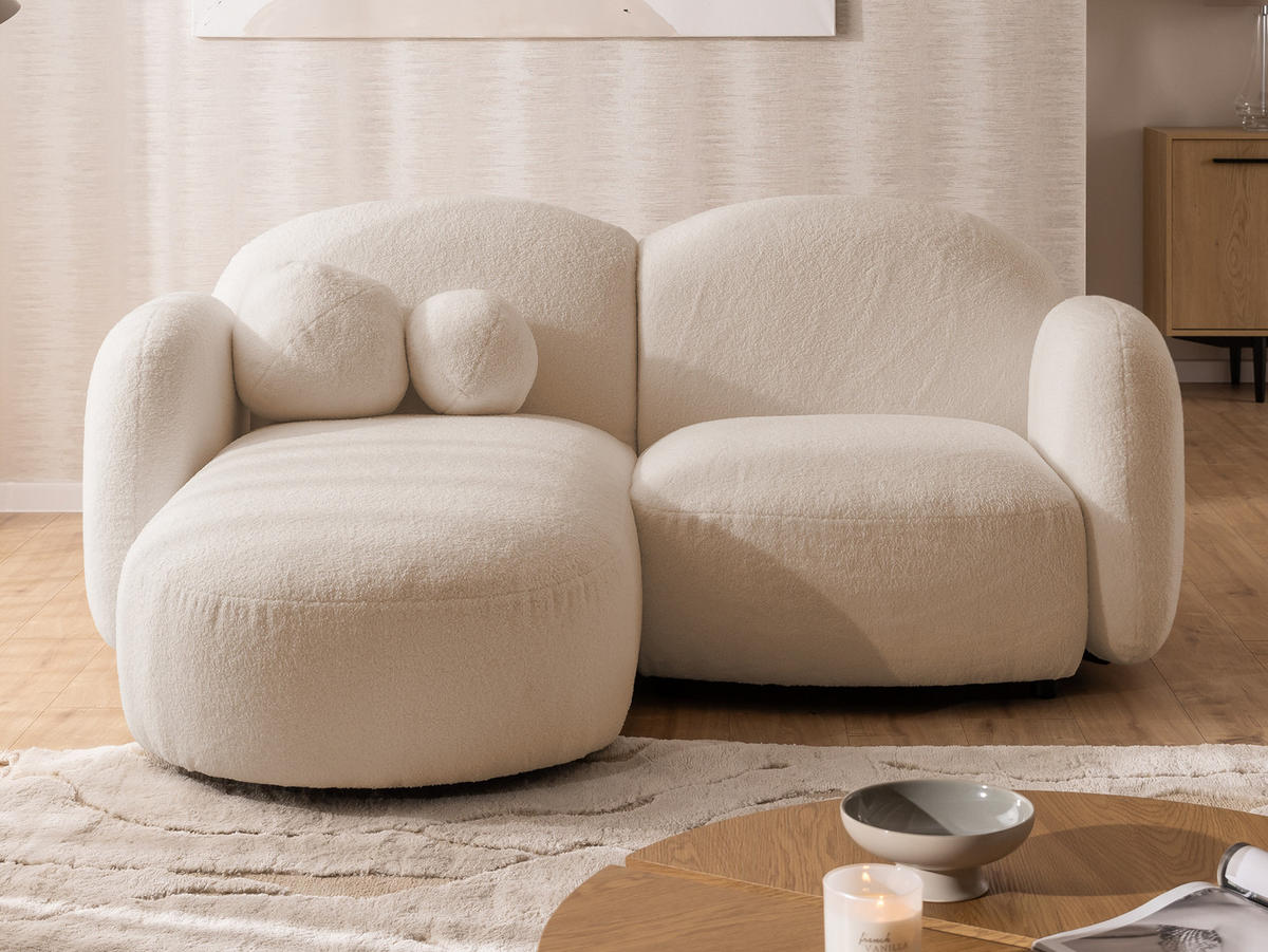 ECKSOFA Nuvola mit abgerundetem Design Hellbeige Bouclé-Stoff - Ottomane Links - Beige/Schwarz, Holz/Kunststoff (190/146cm) - S-Style Möbel