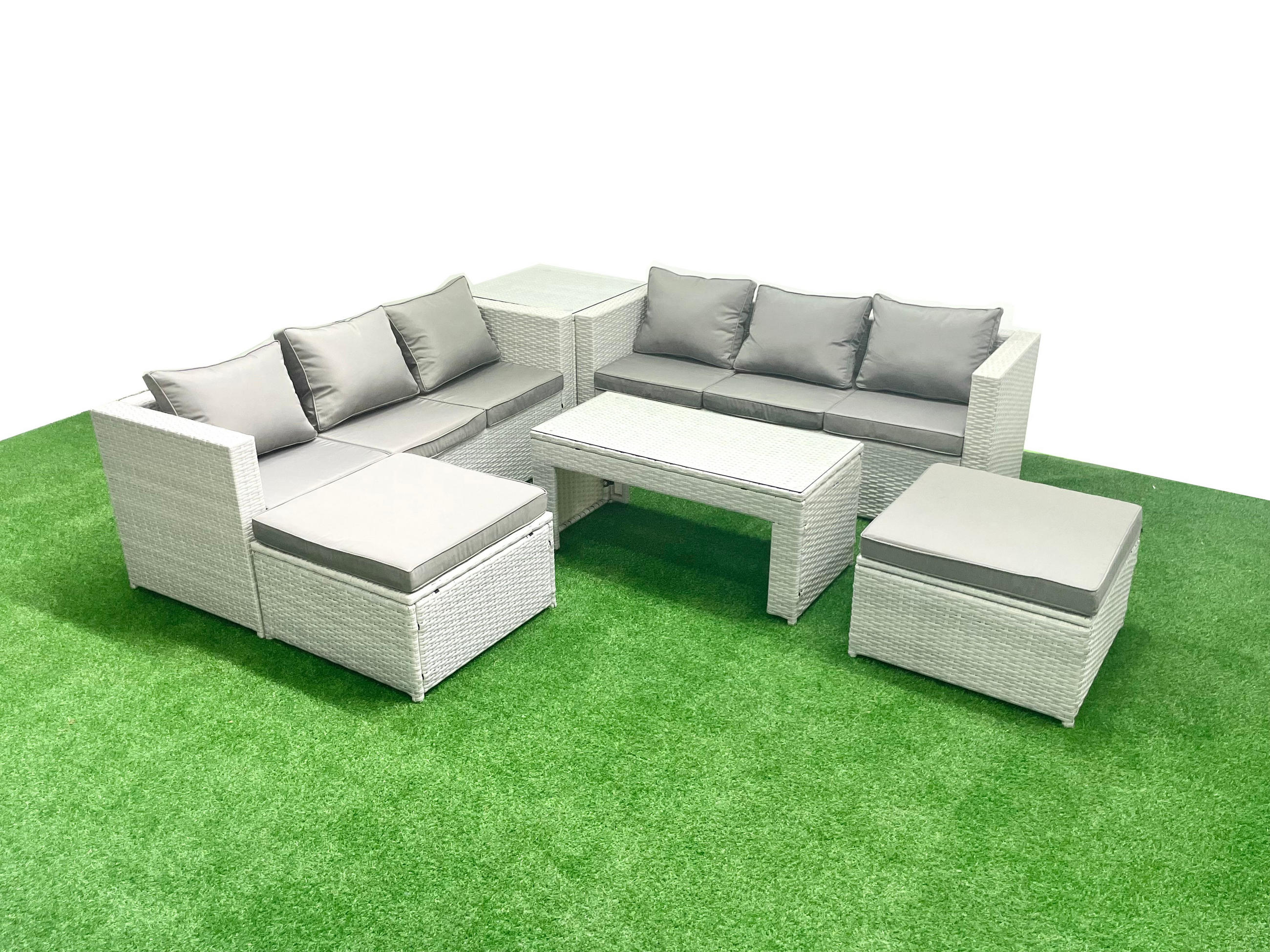 GARTENSOFA hohe Rückenlehne Polyrattan Hellgrau-Mix 8-Sitzer - Hellgrau/Grau, Glas/Kunststoff - Fimous