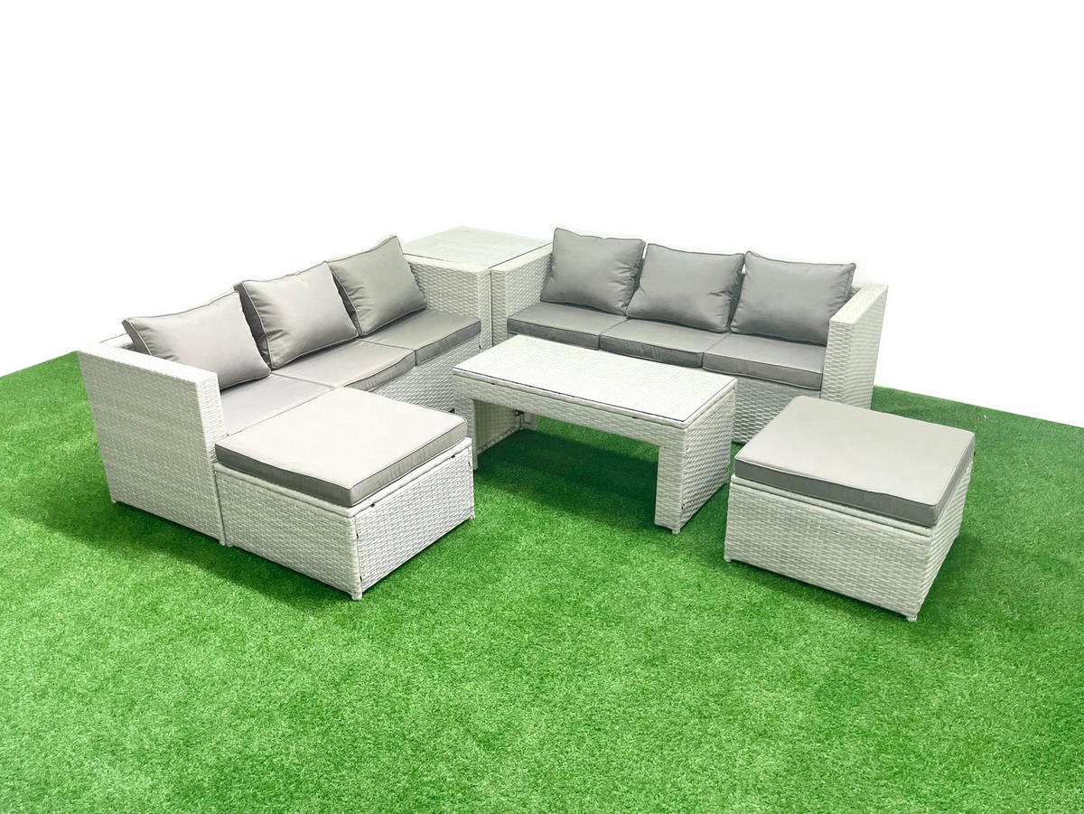 GARTENSOFA hohe Rückenlehne Polyrattan Hellgrau-Mix 8-Sitzer - Hellgrau/Grau, Glas/Kunststoff - Fimous