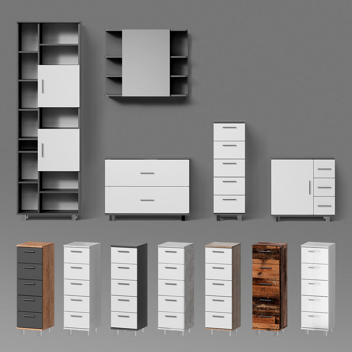 BADMÖBEL-SET Eisak Anthrazit/Goldkraft Eiche 3 Teile, mit Hochschrank - Anthrazit/Eiche Wotan, Holzwerkstoff (80/60/33cm) - Livinity®