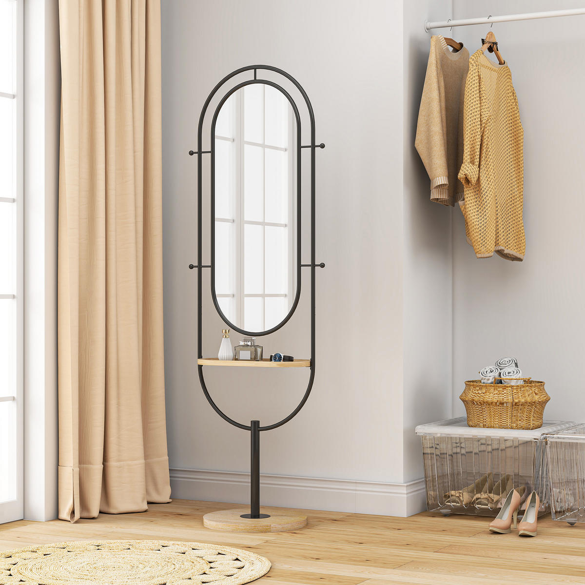 STANDSPIEGEL DE-17933 oval mit Holzablage & 4 Haken Schwarz - Schwarz, Glas (50/175.5/40cm) - ComfortXL