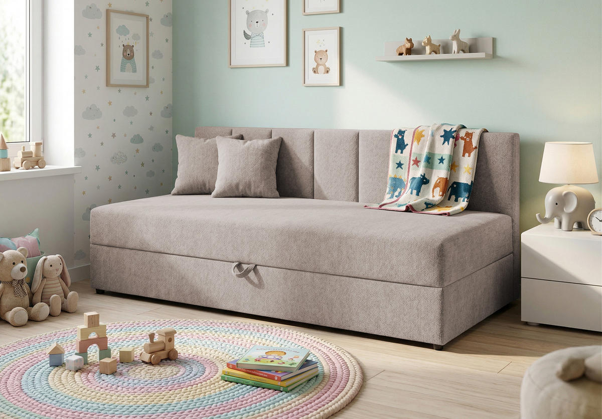 TAGESBETT Lenny mit Rückenlehne und großem Bettkasten aus Taupe Chenille-Stoff - Taupe/Schwarz, Holz/Kunststoff (90/200cm) - S-Style Möbel