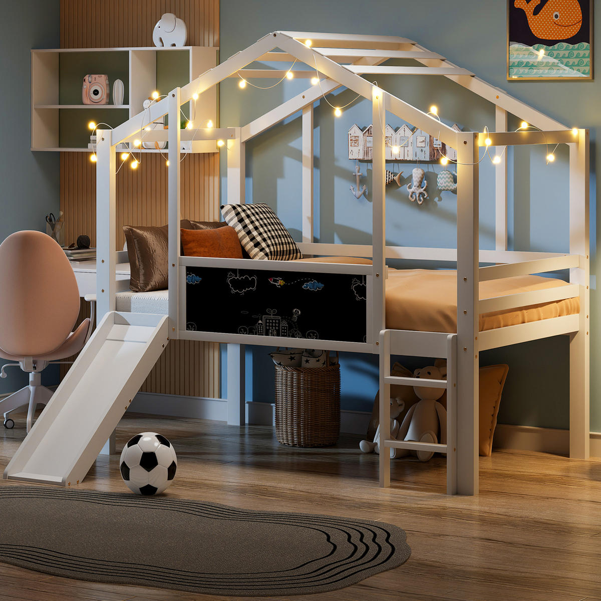 KINDERHOCHBETT 90/200 cm Weiß mit Rutsche und Tafel - Weiß, Holz (90/200cm) - MIVRAY