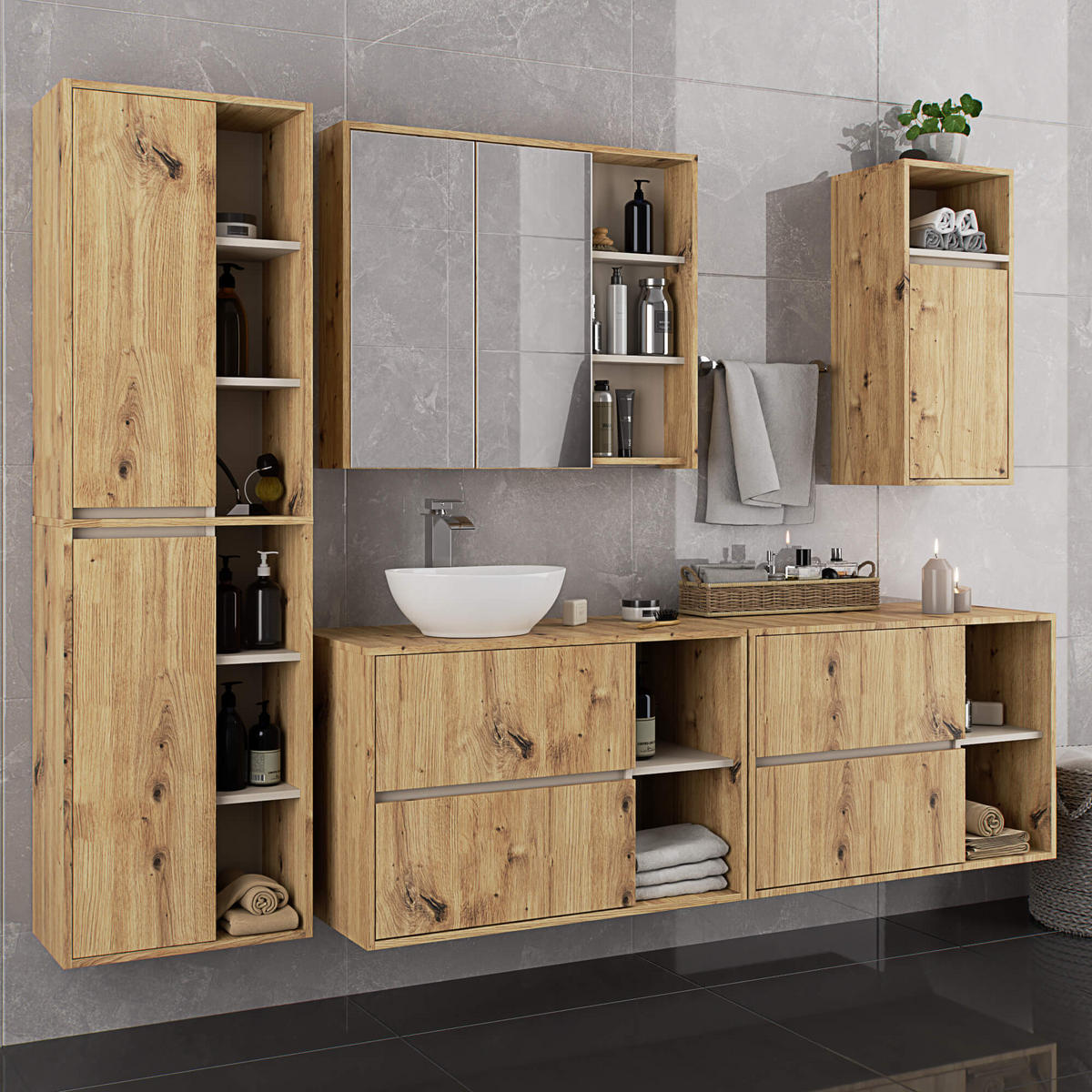 BAD HOCHSCHRANK Vami Eiche Artisan, Kaschmir - Kaschmir/Eiche Artisan, Holzwerkstoff (50/170/30cm) - Akord