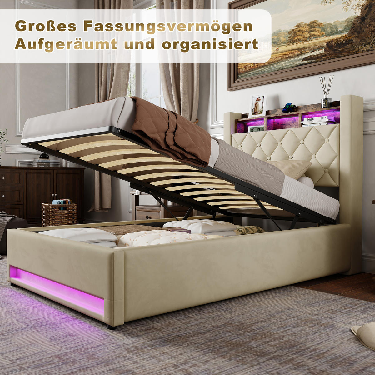 POLSTERBETT aus Samt 90x200 cm Beige mit Stauraum-Kopfteil und LED-Lichtleiste - Beige, Textil (90/200cm) - Modfu