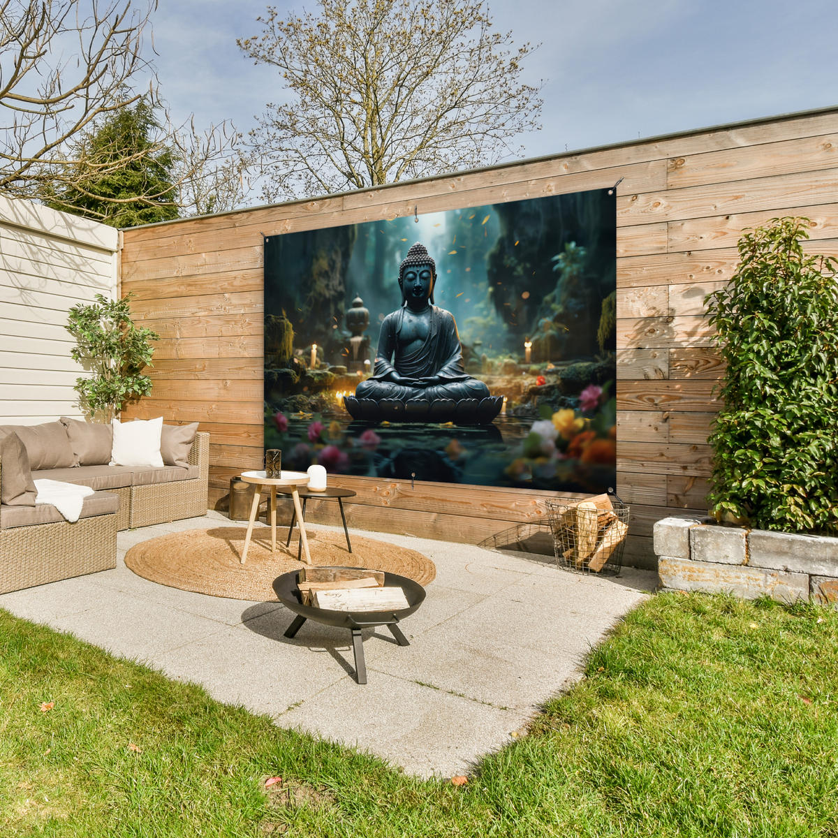 ZAHRADNÍ PLAKÁT Buddha - Socha - Buddha - Zen - Umění - Buddha 180x120 cm - tmavě šedá, plast (180/120/0.2cm) - OnlyWow