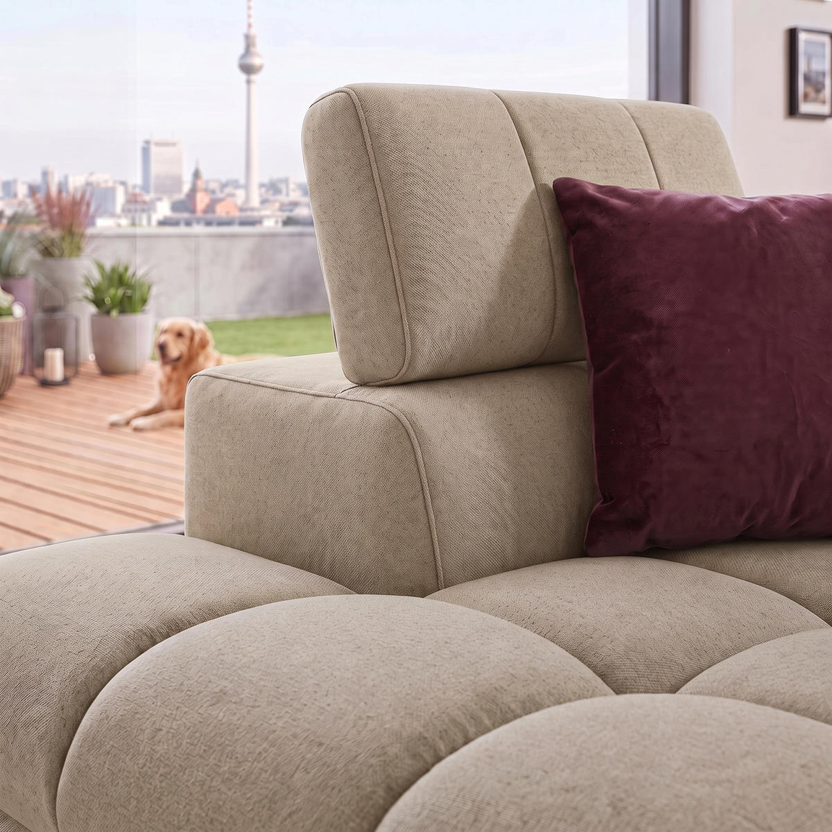 ECKSOFA PUDDING MAXI L Links mit Schlaffunktion 125x195 Velours Beige - Beige/Schwarz, Holz/Textil (203/350cm) - Muffo