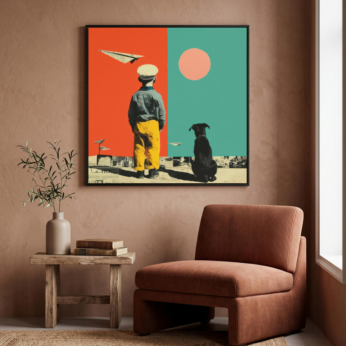 LEINWAND Bilder mit Rahmen - Retro - Junge - Hund - Rot - Grün - 90x90 - Orange, Textil (90/90cm) - MuchoWow