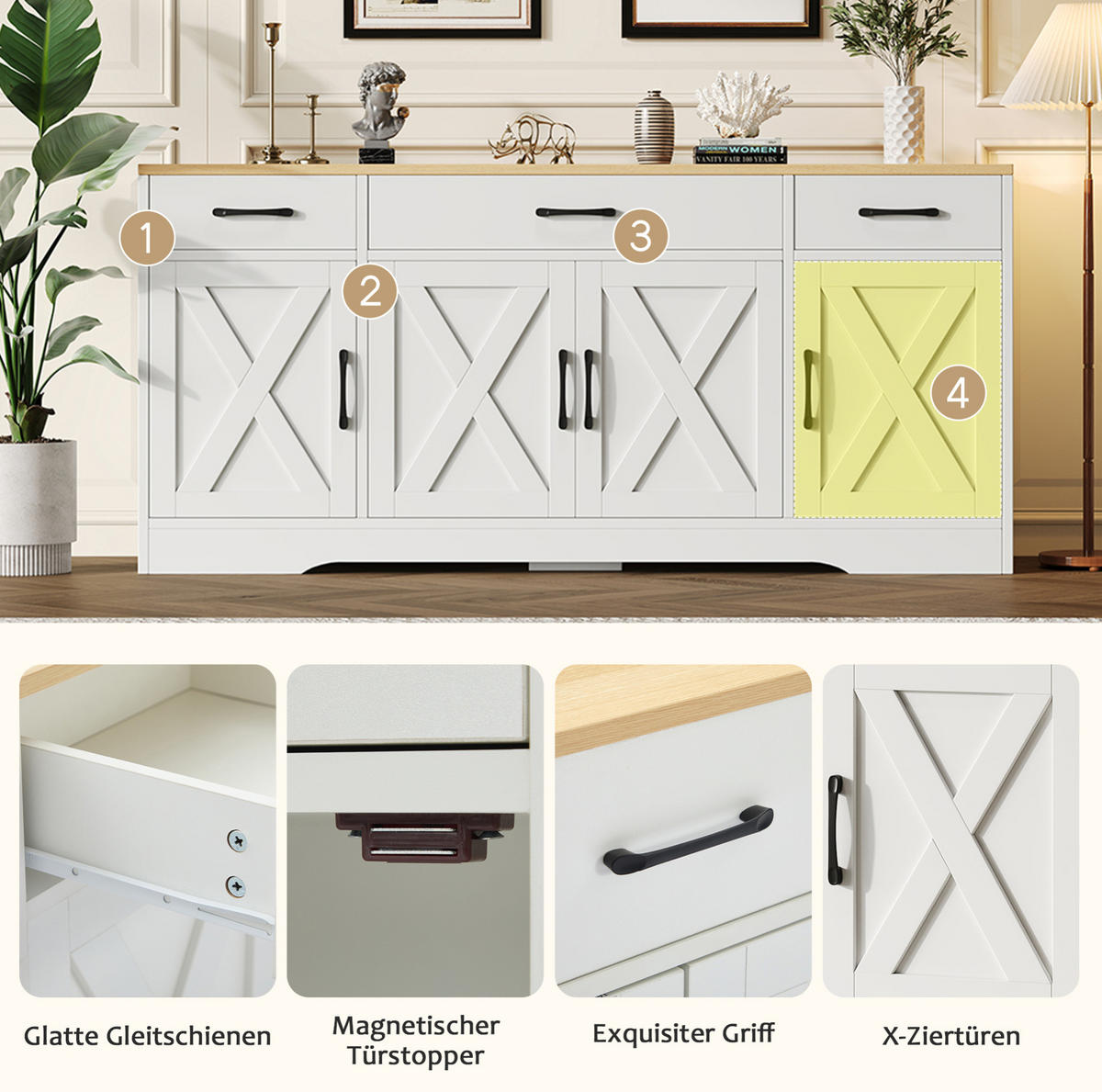 SIDEBOARD 160/37/75 cm mit 3 Schubladen, 4 Türen und MDF-Korpus in Industrial-Optik, Weiß - Weiß, Holzwerkstoff (160/75/37cm) - Redom