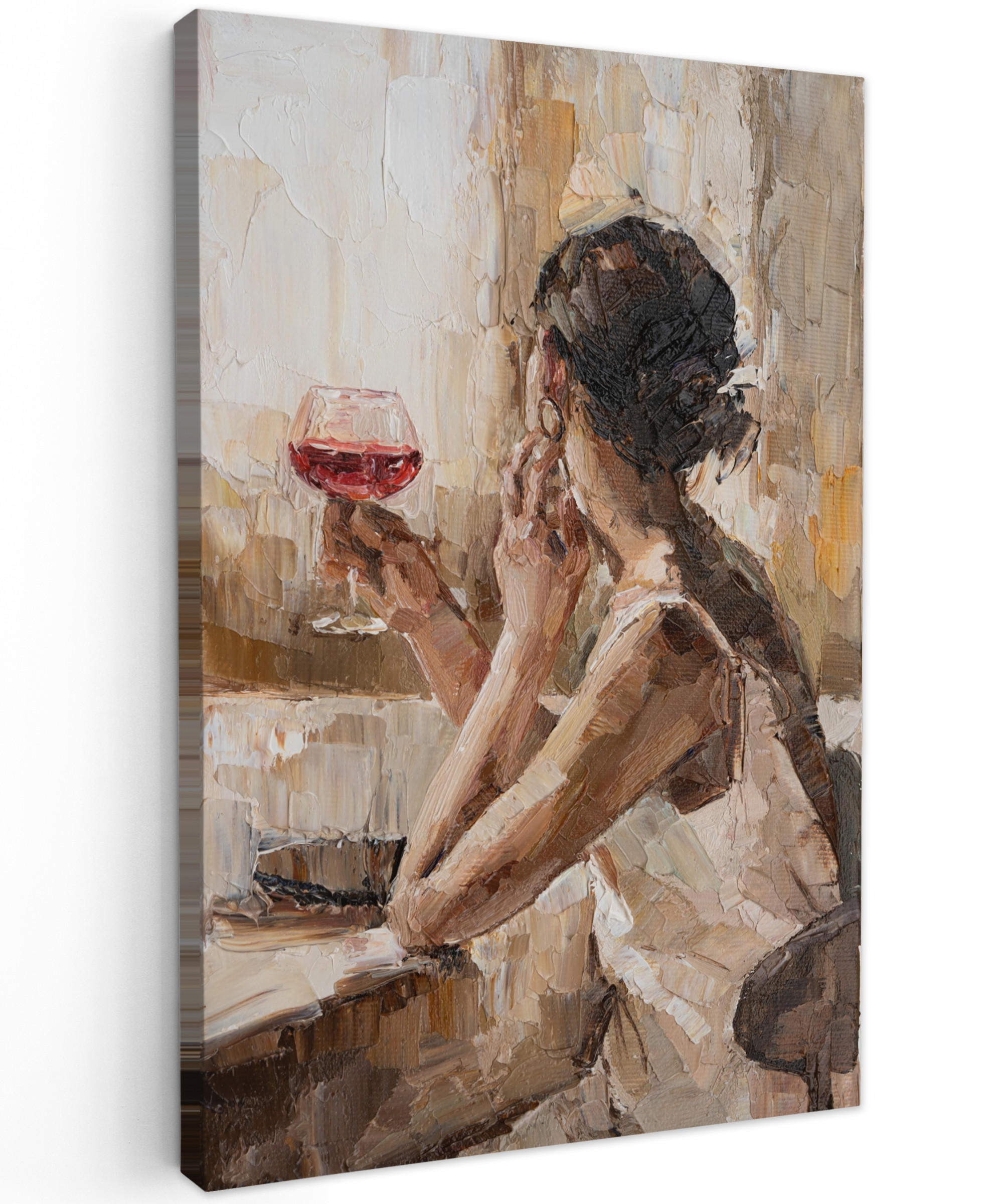LEINWANDBILD Ölgemälde - Frau - Wein 80x120 cm - Hellbraun, Textil (80/120cm) - MuchoWow