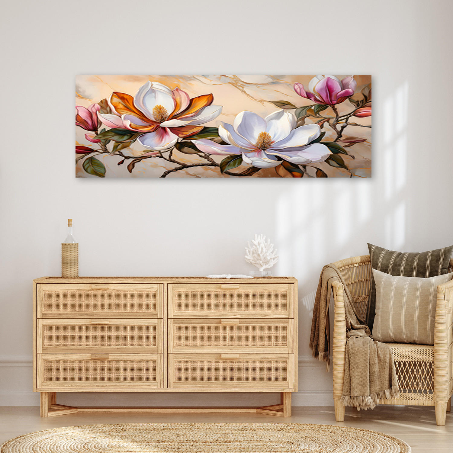 WANDBILD magnolien zweig blumen pflanzen marmor - Multicolor, Textil (90/30cm) - Feeby