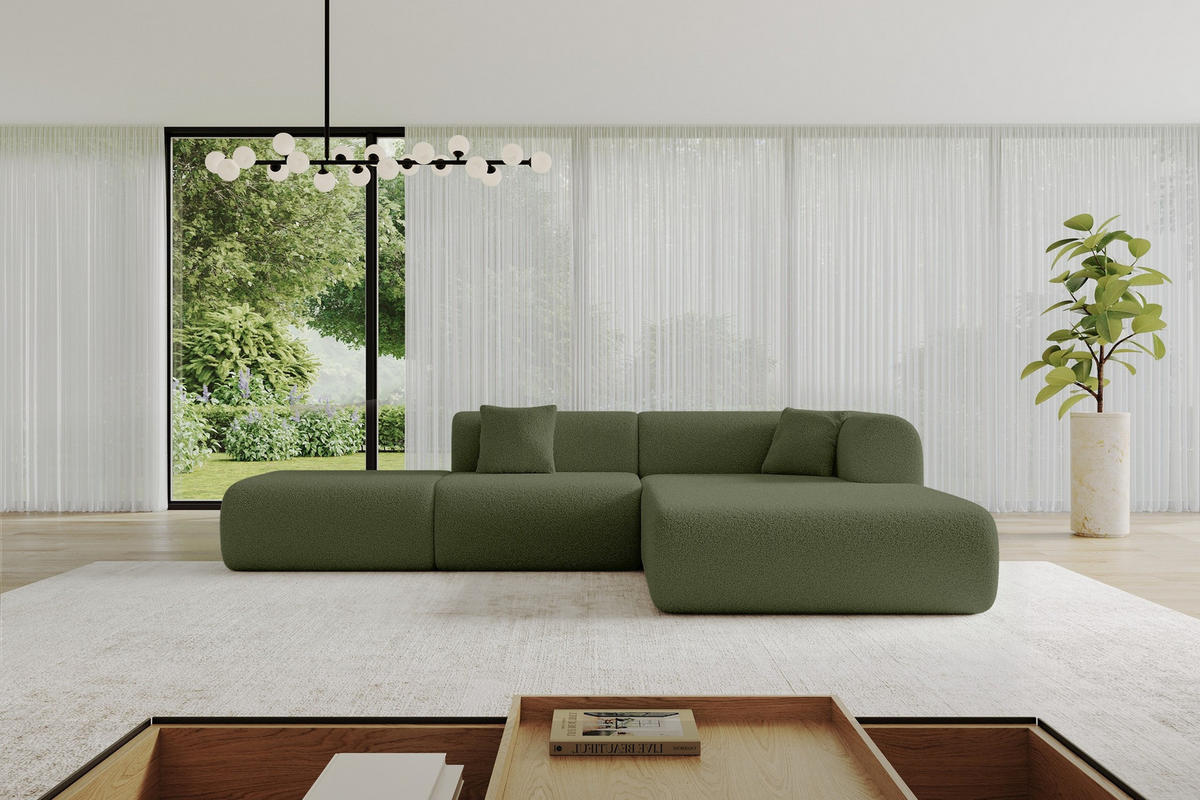ECKSOFA Ottomane Rechts OVLY-L 289x176x71 Grün Bouclé - Schwarz/Grün, Holzwerkstoff/Kunststoff (289/176cm) - ALTDECOR