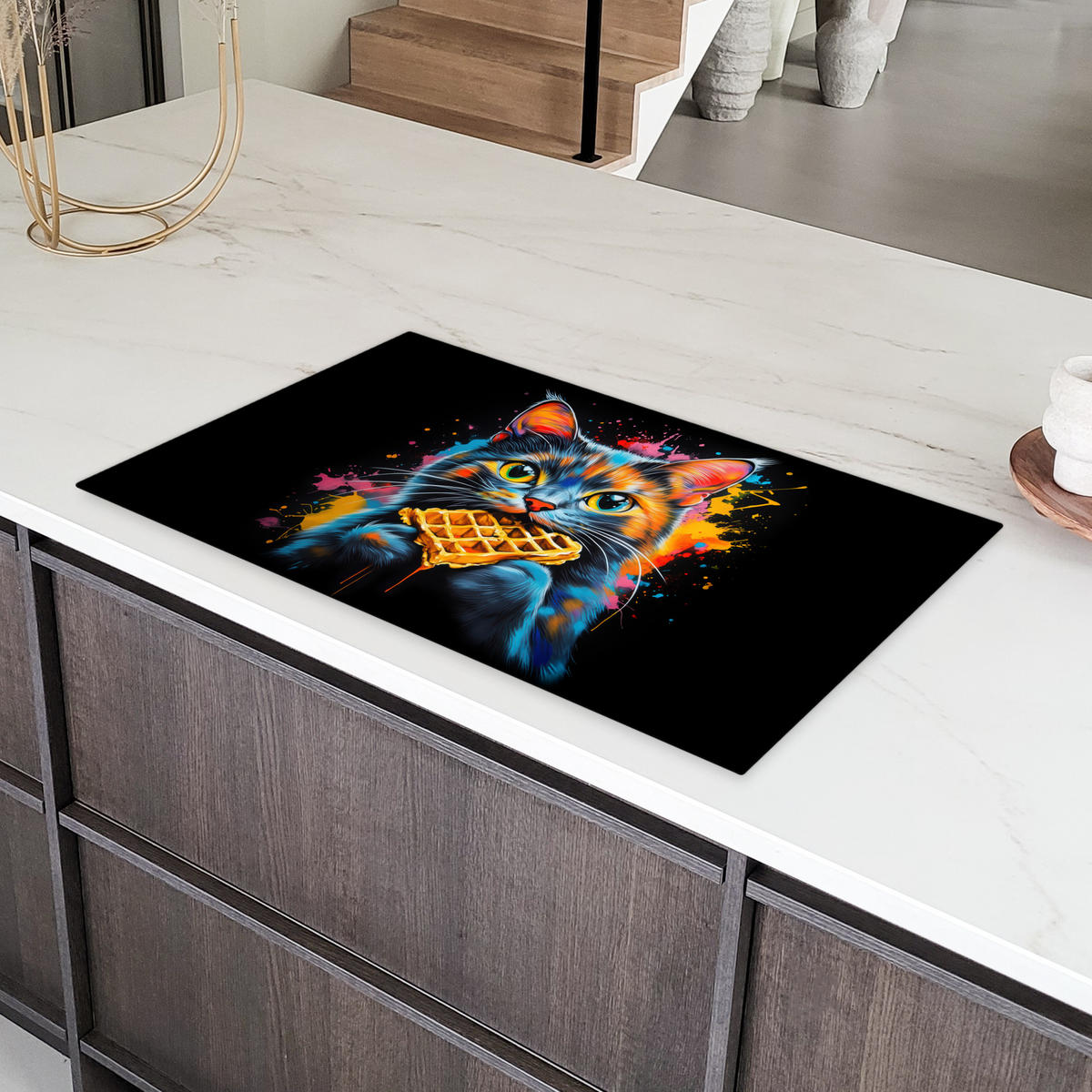 HERDABDECKPLATTE Katze - Graffiti - Bunt - Waffel - Essen Induktionsschutz 91.2x52 cm - Multicolor, Kunststoff (91.2/52/0.2cm) - MuchoWow