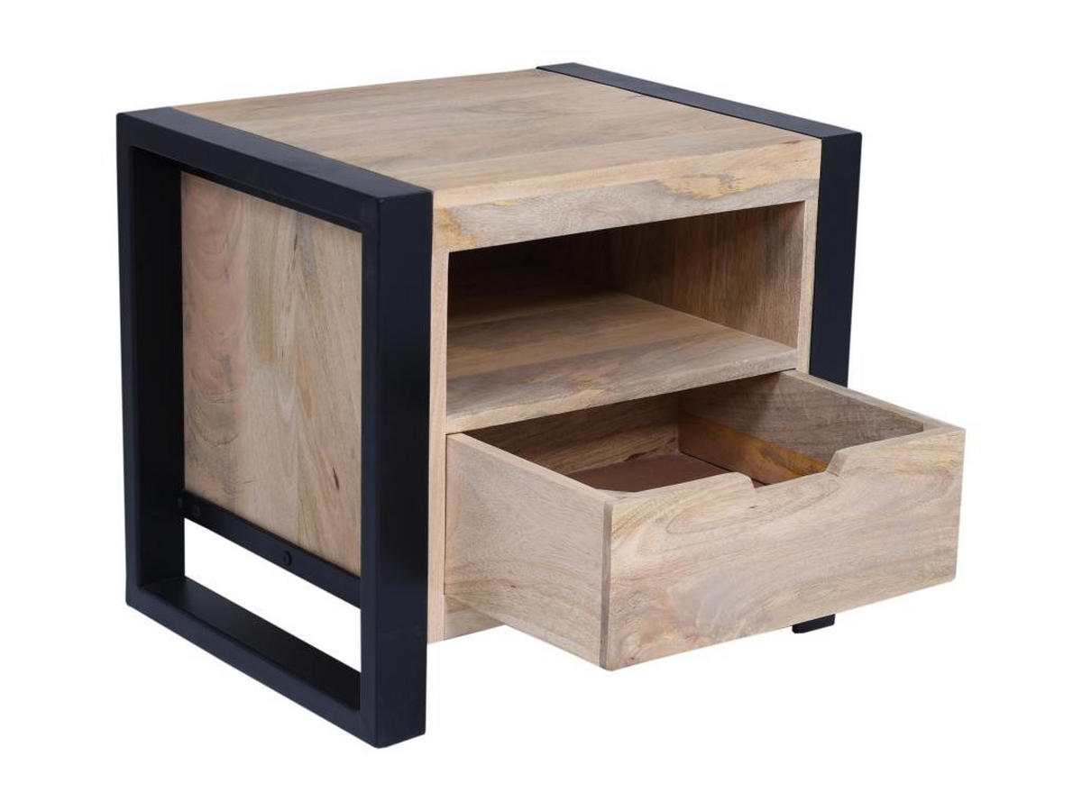NACHTTISCH mit 1 Schublade & 1 Ablagefach - Mangoholz & Metall - Holzfarben & Schwarz - HARLEM II - Schwarz, Holz (40/45/50cm) - Vente-Unique