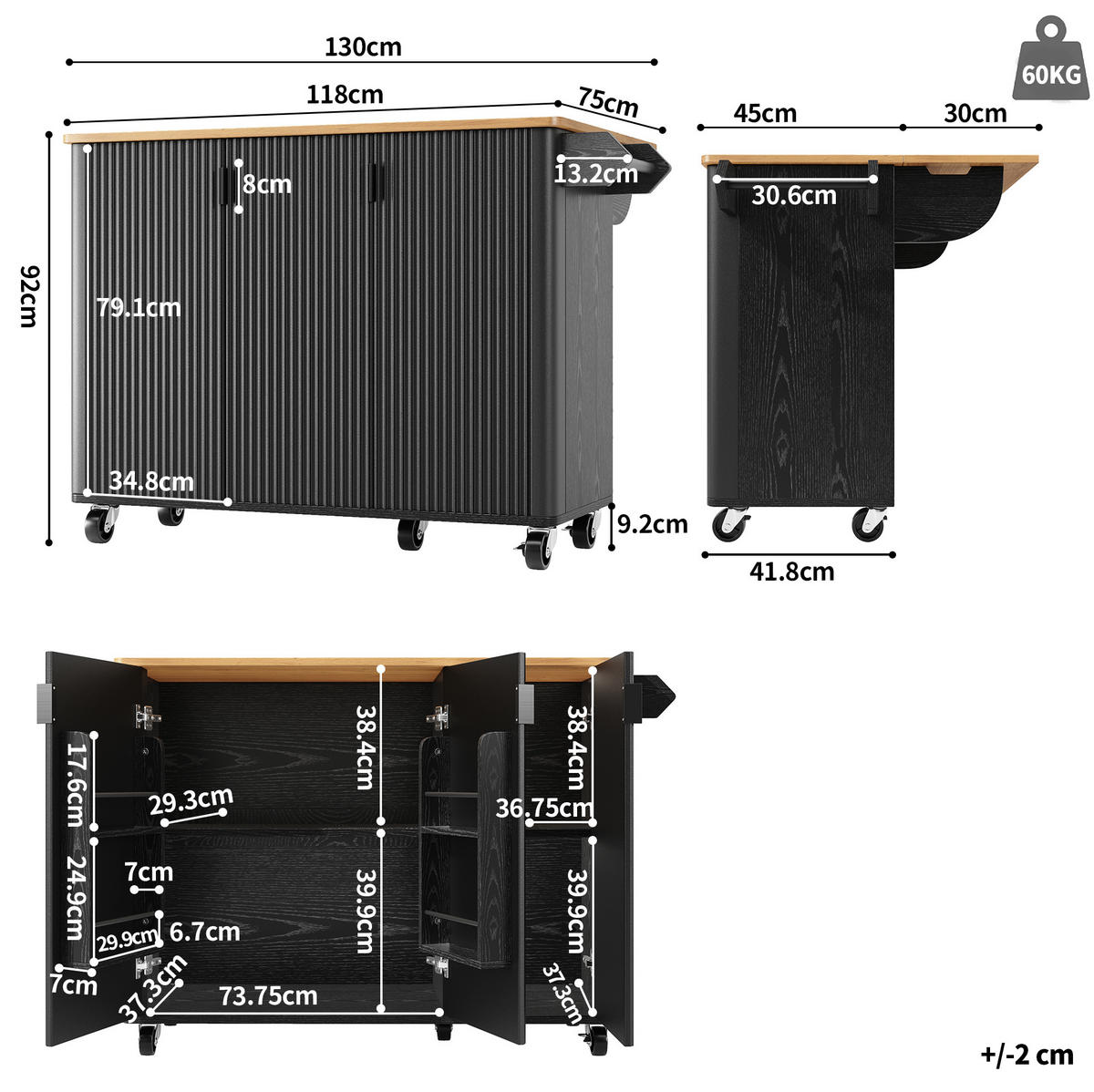 KÜCHENINSEL aus MDF 130x45(75)x92 cm Schwarz mit klappbarer Arbeitsplatte, 5 Rollen und verstellbaren Einlegeböden - Schwarz, Holzwerkstoff (130/92/45cm) - Modfu