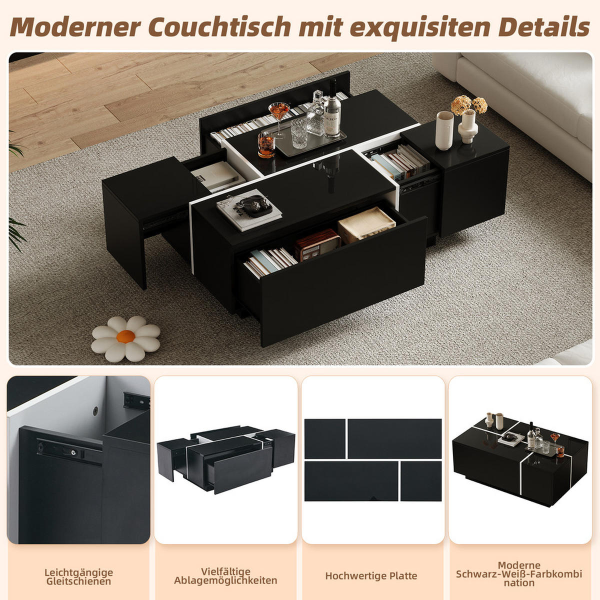COUCHTISCH 100x60cm Schwarz Quadratisch Patchwork 4 Schubladen 30kg Belastung - Schwarz, Holz (79.6/39.57/20.6cm) - FLIEKS