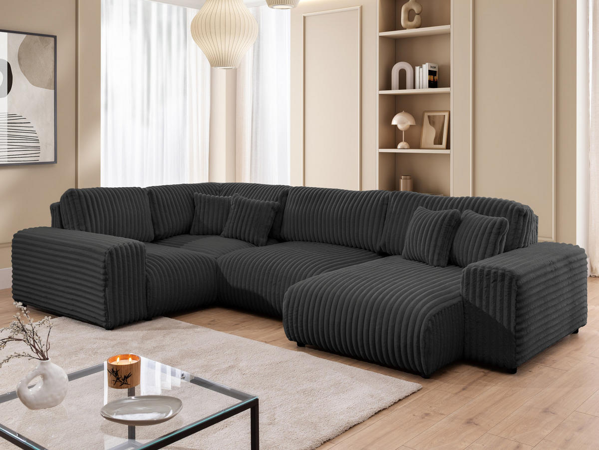 WOHNLANDSCHAFT Mollis Dunkelgrau Plüschcord im XXL-Format - Ottomane Rechts - Dunkelgrau/Schwarz, Holz/Kunststoff (316/77/194cm) - S-Style Möbel