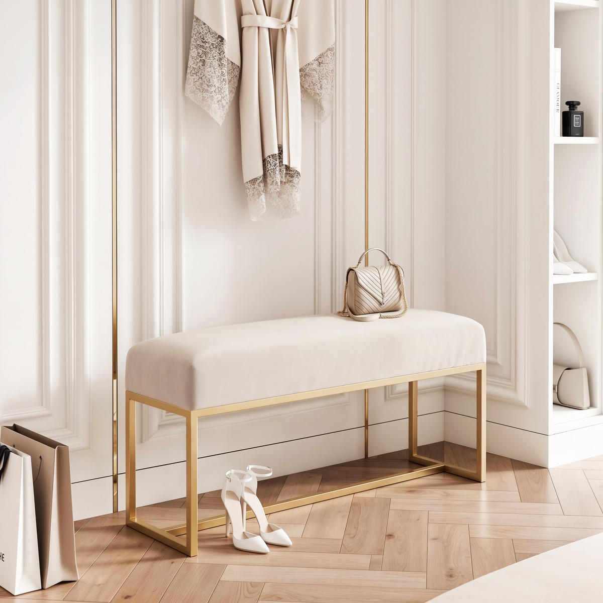 POLSTERBANK MUSE 90 cm Gold / Creme ,Metallgestell - Creme, Metall (90/47/30cm) - Idohome