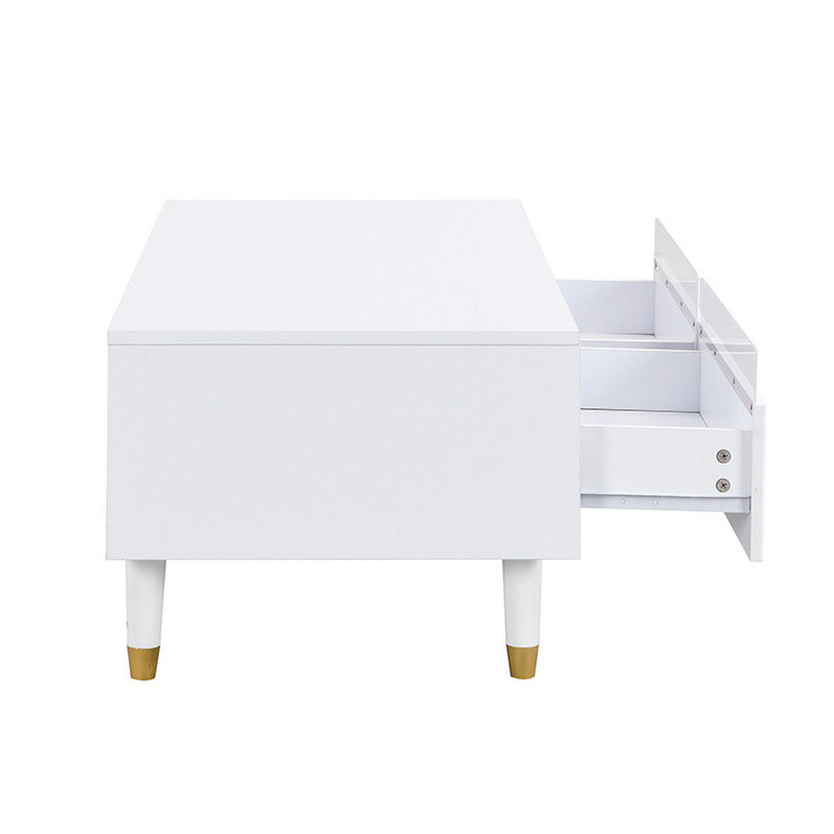 COUCHTISCH 110/50/40 cm mit LED-Beleuchtung, 2 Schubladen und MDF-Korpus mit gold-weißen Massivholzbeinen, Weiß - Weiß, Holzwerkstoff (110/50/40cm) - Redom