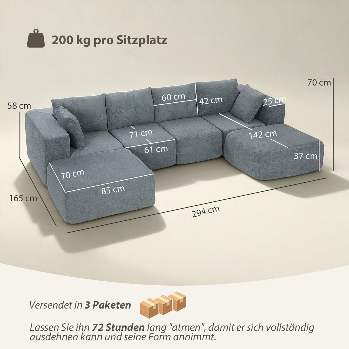 ECKSOFA Dunkelgrau 294.0/165.0/70.0 cm - Dunkelgrau, Textil (165/294cm)