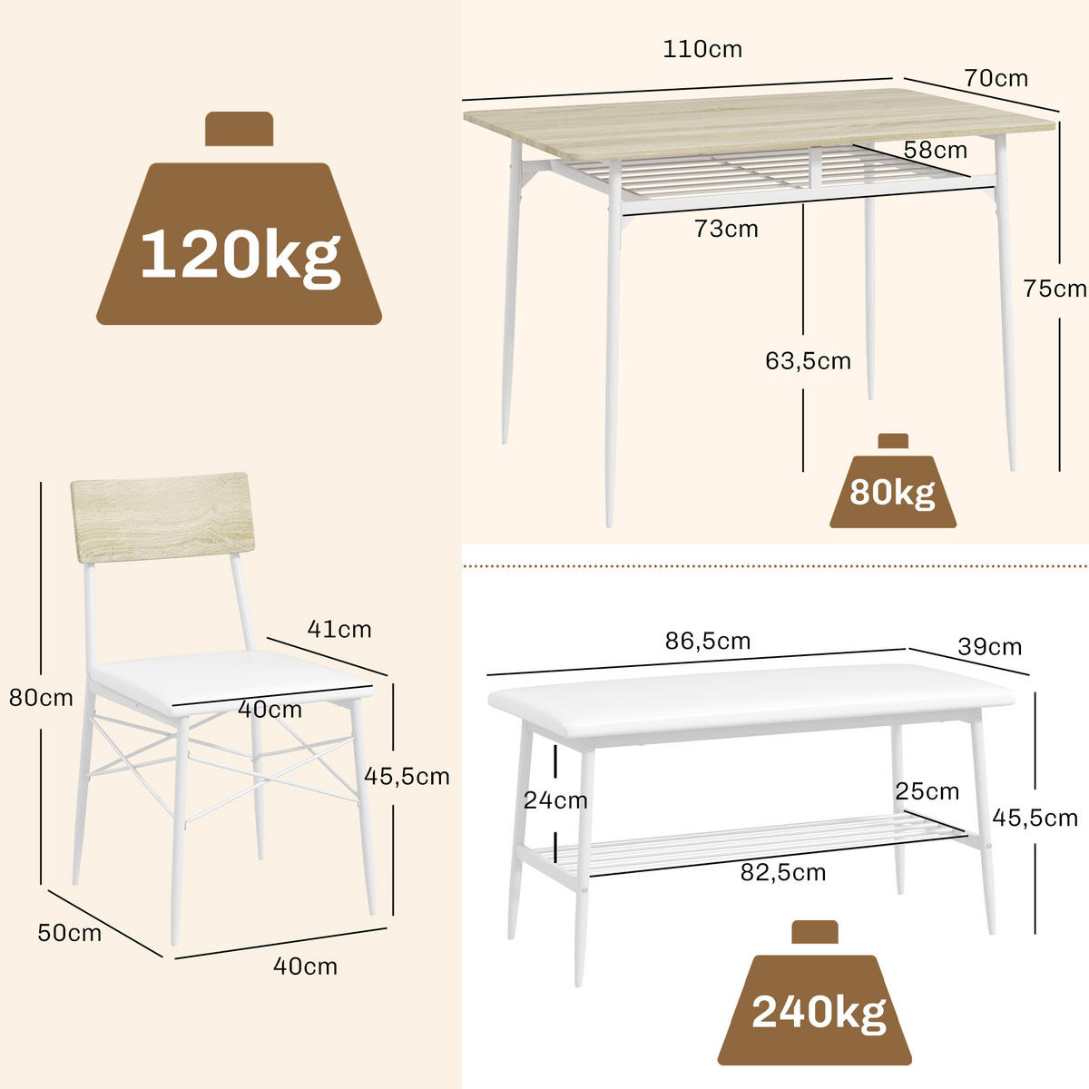 ESSGRUPPE 4er-Set, Esstisch mit Bank und 2 Stühlen, Küchentisch-Set mit Ablage - Eichefarben/Weiß, Kunststoff/Metall (70/75/110cm) - HOMCOM