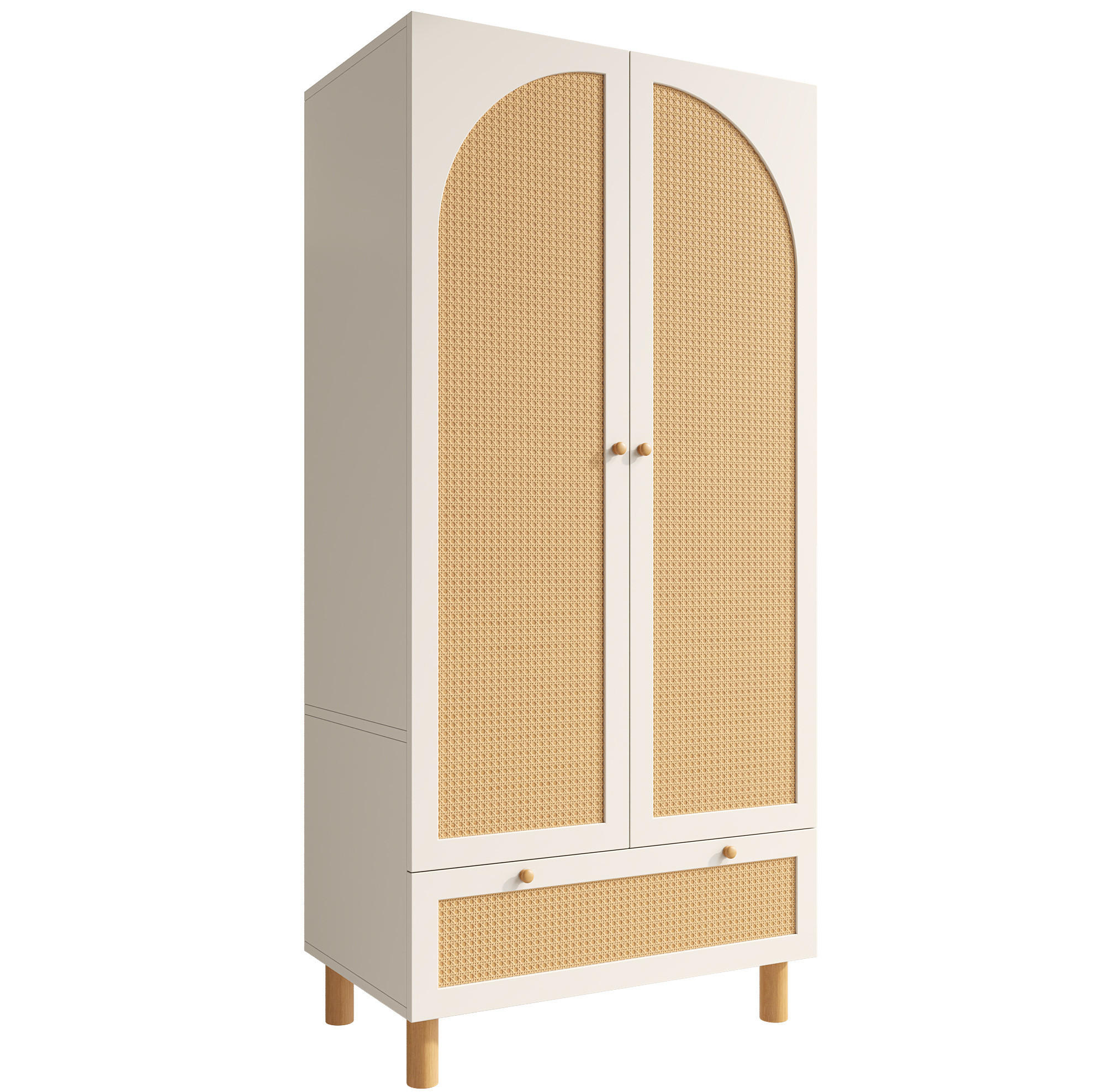 KLEIDERSCHRANK 2-türig 85,5/52/180,5 cm in Weiß mit Rattan & Schublade - Weiß, Holz (85.5/180.5/52cm) - BEAOK