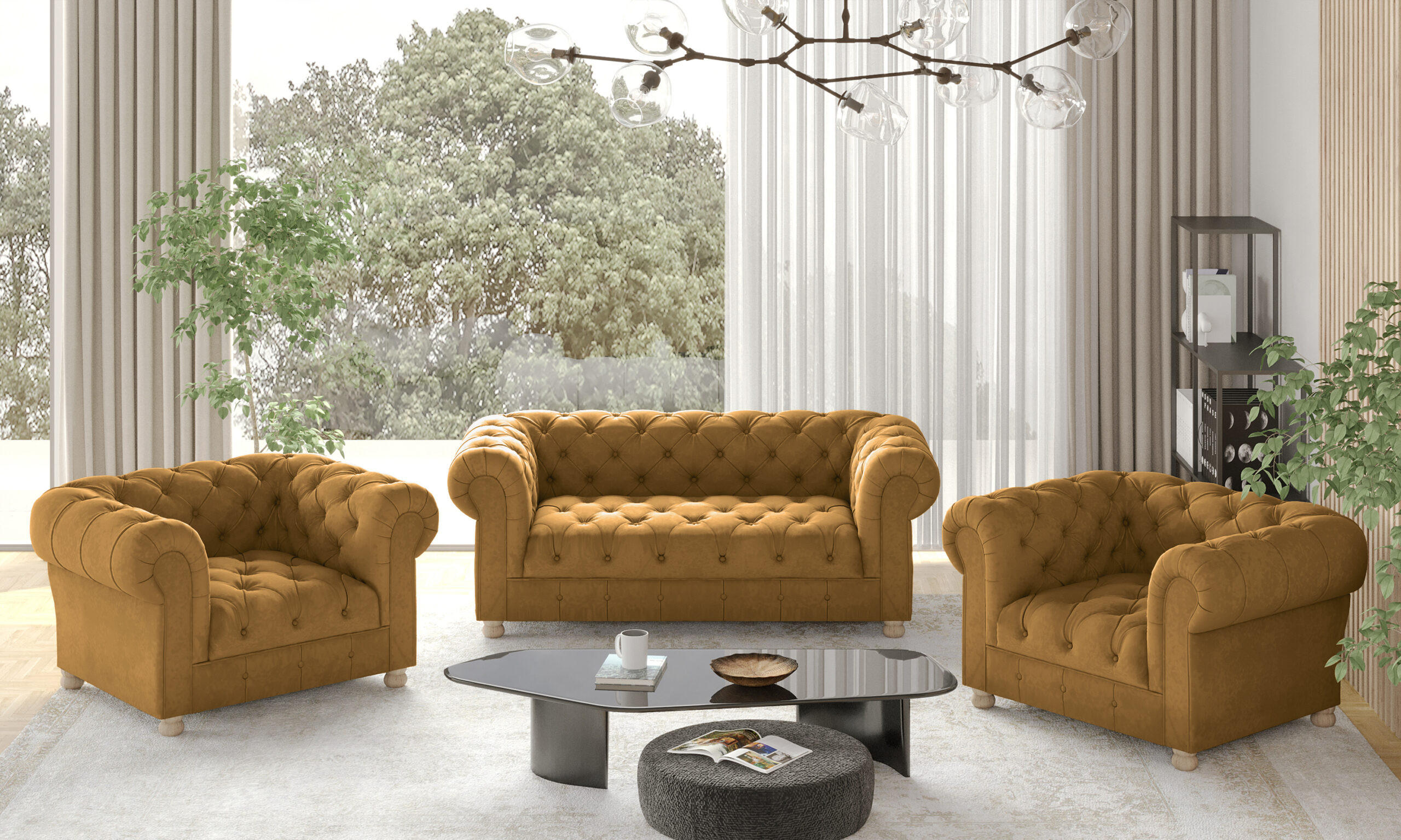 SITZGARNITUR CHESTERFIELD 2+1+1 Elegant Klassisch Schick Stoff Whisper Kupfer - Kupferfarben, Holz (152/77/90cm) - Kaiser Möbel