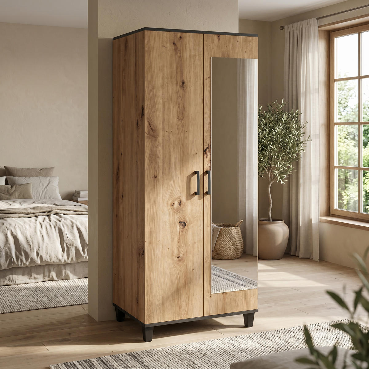 DREHTÜRENSCHRANK CORTEZA 80/193/56cm 2-türig mit Spiegel Eiche Artisan - Eiche Artisan, Holzwerkstoff (80/193/56cm) - MASSENO