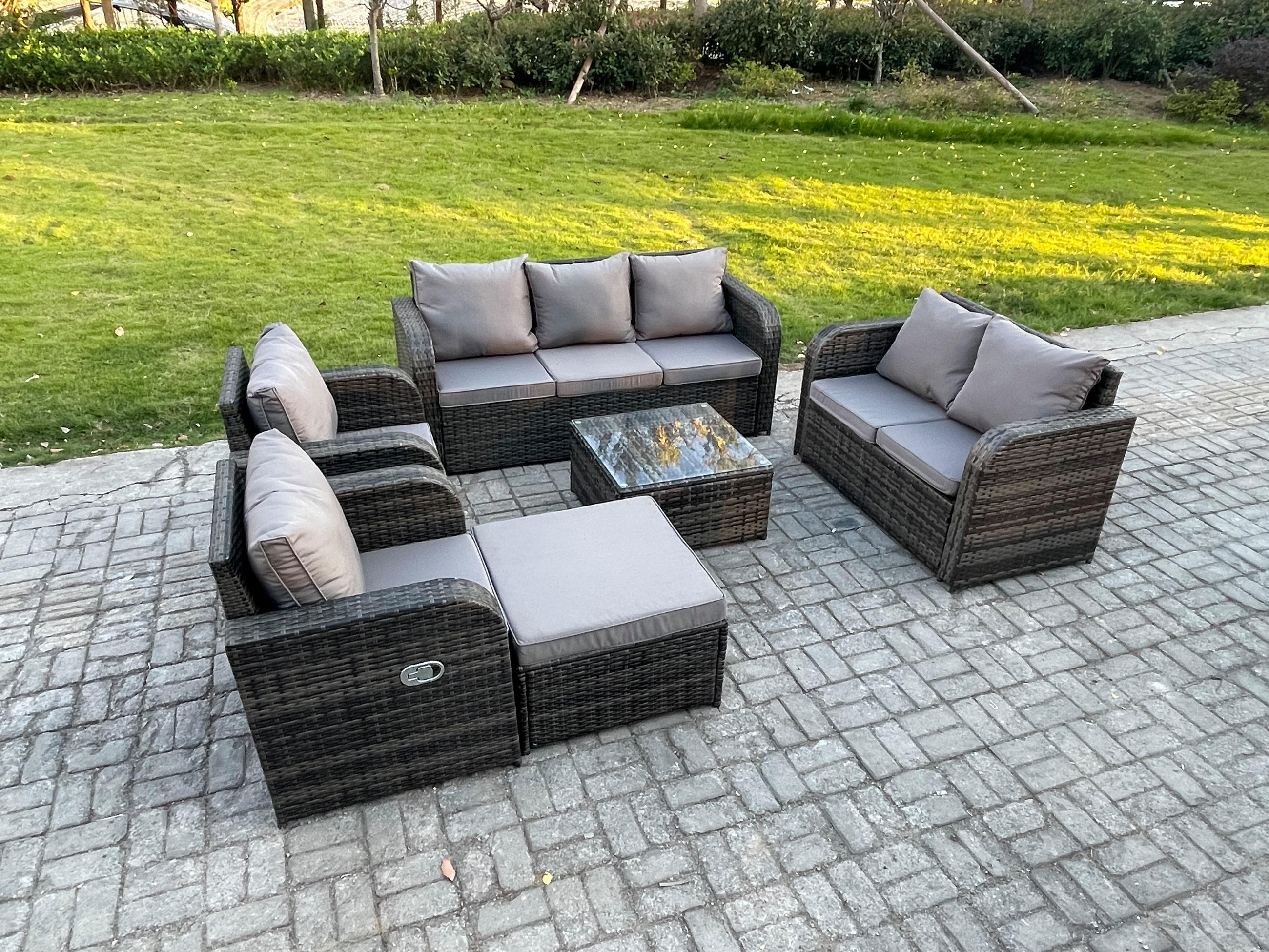 GARTENSOFA SET mit Couchtisch Polyrattan Dunkelgrau 6-teilige - Dunkelgrau/Grau, Glas/Kunststoff - Fimous