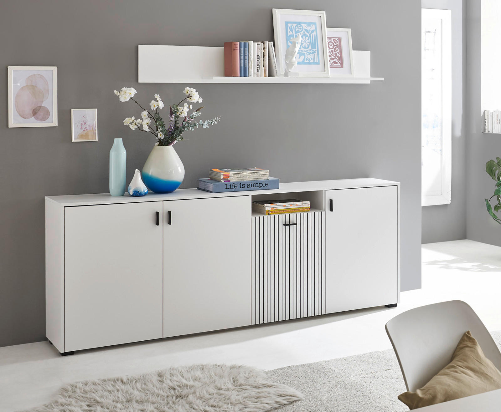 SIDEBOARD weiß matt, Kommode 200 cm - Schwarz/Weiß, Holzwerkstoff/Kunststoff (200/80/42cm) - Furn.Design