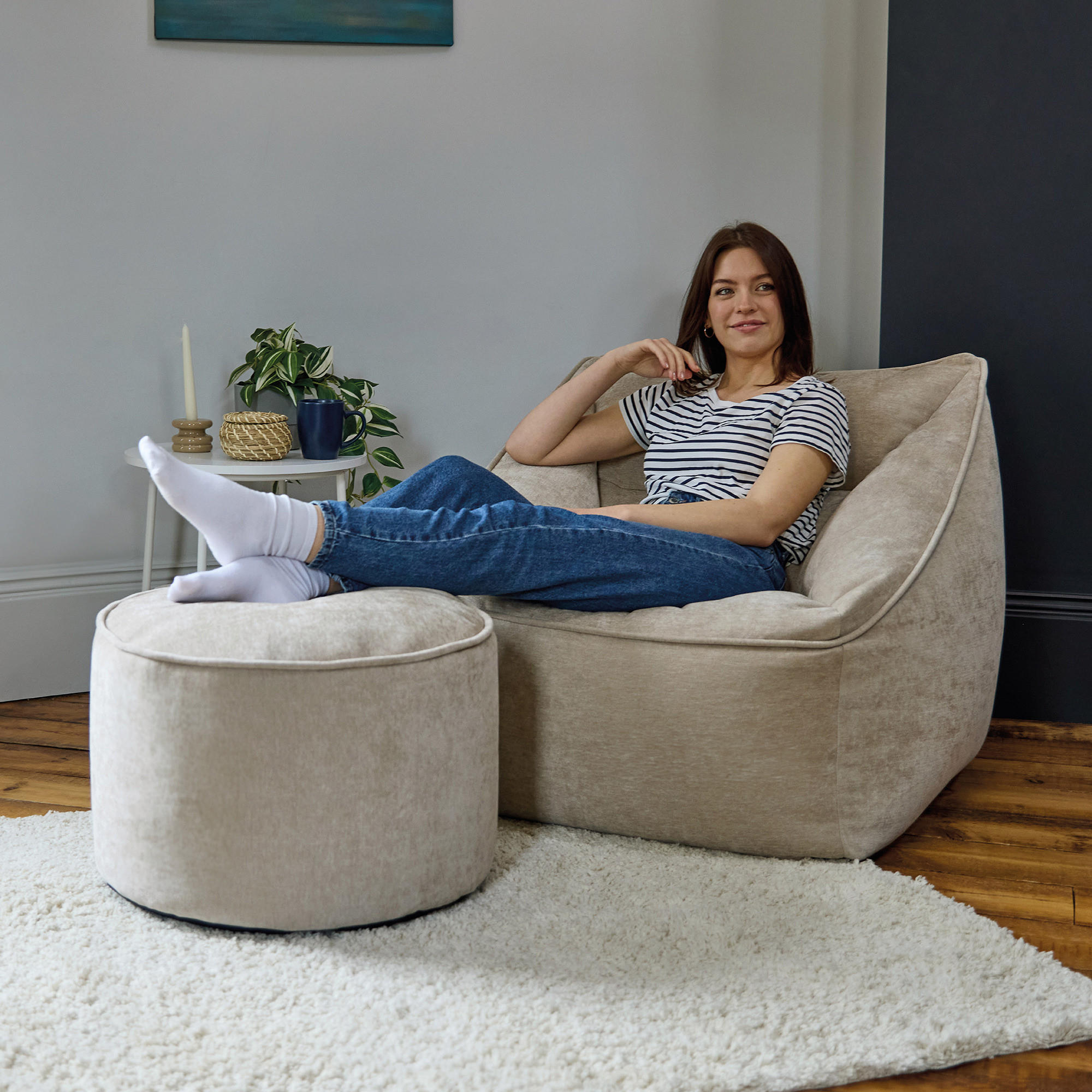 SITZSACK Chenille-Sessel icon Natalia und Fußhocker-Sitzsack Milano im 2-teiligen Set, naturfarben - Beige, Kunststoff/Textil (100/80/88cm) - icon